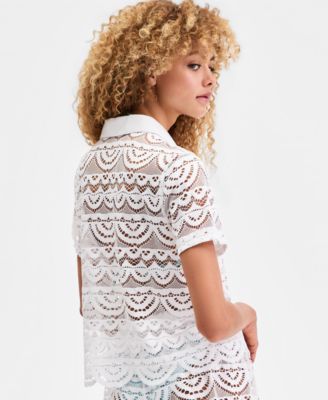 Women's Crochet Swim Cover-Up Camp Shirt