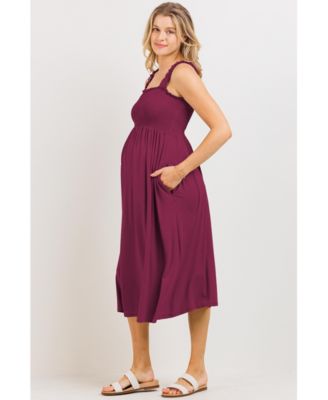 Maternity Smocked Bodice Sleeveless Dress with Ruffle Straps