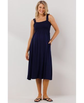 Maternity Smocked Bodice Sleeveless Dress with Ruffle Straps