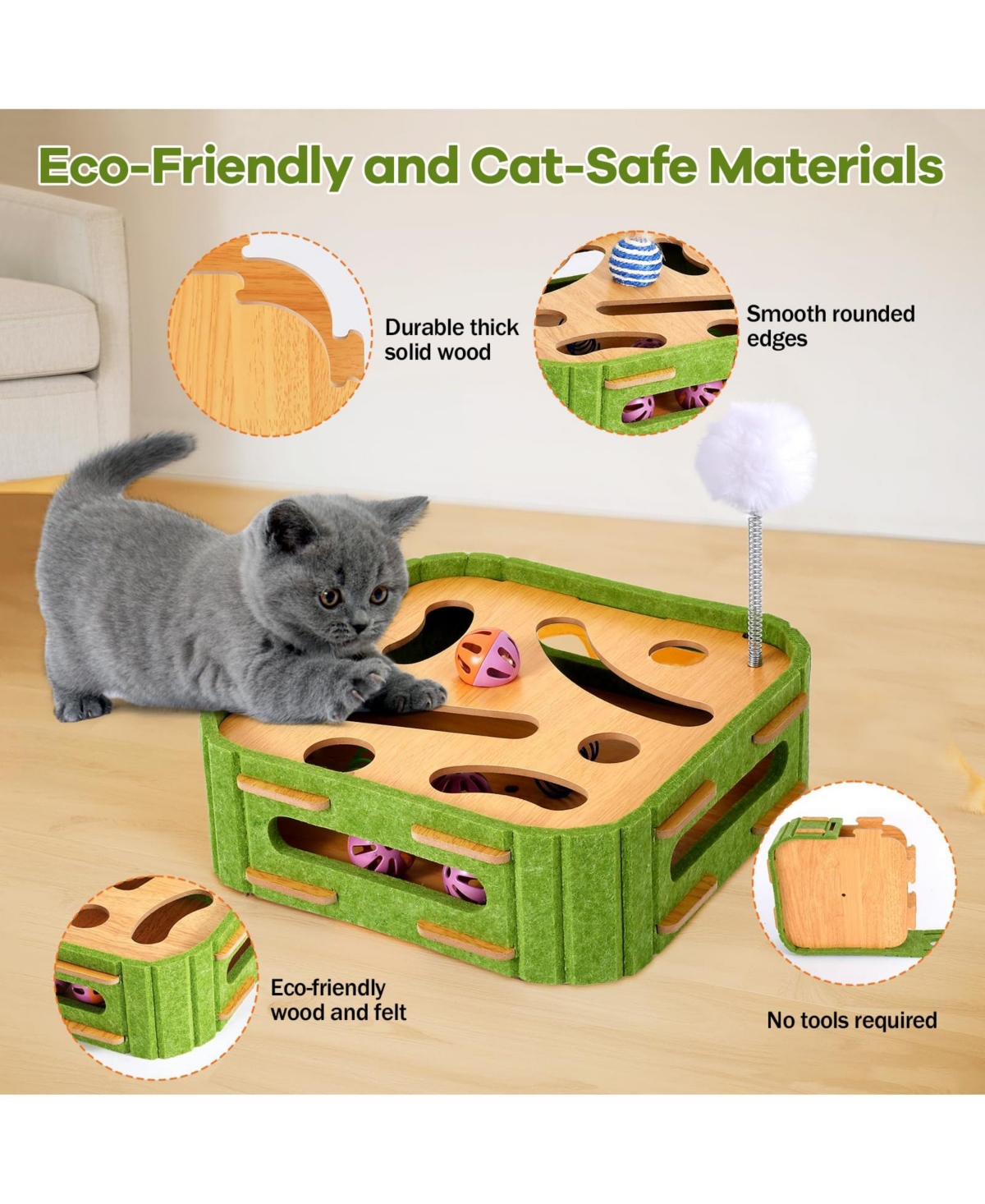 Aronkl Interactive Cat Puzzle Feeder Wooden Toy Set with Jingle Balls Wands Spiral Springs for Indoor Cats