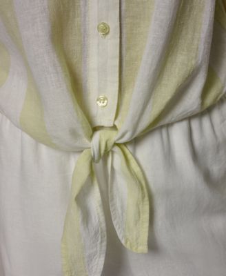 Women's Linen Button-Front Tie Blouse