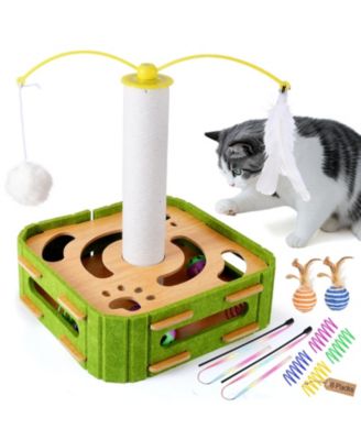 Interactive Cat Puzzle Feeder Wooden Toy Set with Jingle Balls Wands Spiral Springs for Indoor Cats
