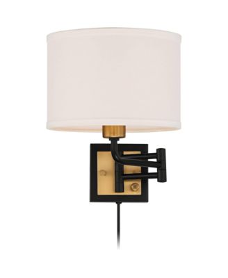 Joelle Modern Swing Arm Wall Lamps Set of 2 Brass Black Plug-in Light Fixture Fabric Drum Shade for Bedroom Bedside Living Room Reading