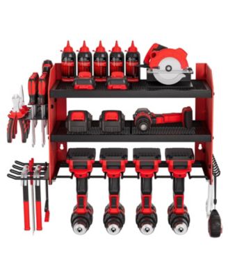 Wall-Mount Power Tool Organizer, 3-Tier Storage Rack with 4 Drill Holders, Side Pegboards, Garage Tool Storage Rack