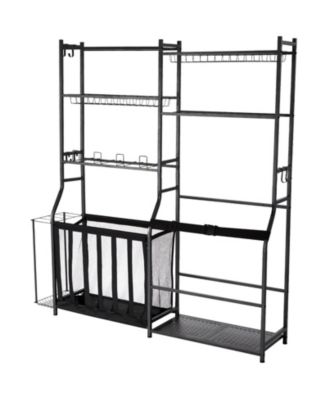 Golf Storage Organizer with 2 Golf Bag Holders, Baskets and Hooks, Steel Sports Equipment Storage Rack for Garage