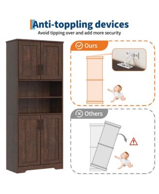 67" Tall Bathroom Cabinet, Freestanding Wooden Storage with 4 Doors, 2 Open Compartments, Adjustable Shelves, Microwave Stand