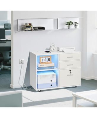 3 Drawer Wooden File Cabinet, Mobile Filing Cabinet with Light Strip, Lockable Rolling File Storage with Adjustable Shelves and 5 Wheels, Free