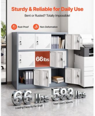 9 Doors Metal Locker, Lockable Steel Storage Cabinet, 66 lbs Loading Capacity, 2 Keys for Each Door, 3 Tiers Employee Lockers for Office, School