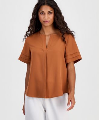 Petite Pleated-Sleeve Split-Neck Top