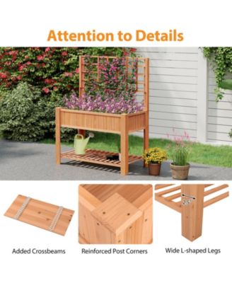 Fir Wood Raised Garden Bed with Trellis and Storage Shelf, 45 x 23 x 59 in Elevated Planter