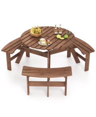 6-Person Round Picnic Table Set with 3 Built-in Benches and Umbrella Hole