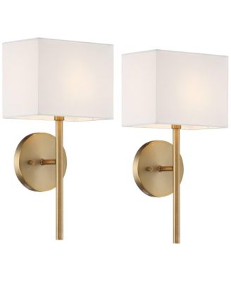 Modern Wall Light Sconces Set of 2 Warm Brass Hardwired 8" Fixture Linen Shade for Bedroom Living Room