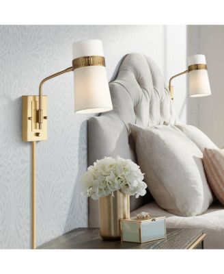 Cartwright Modern Wall Lamp Set of 2 Brass Plug-In 6" Fixture Swing Arm Linen Cylinder Shade for Bedroom