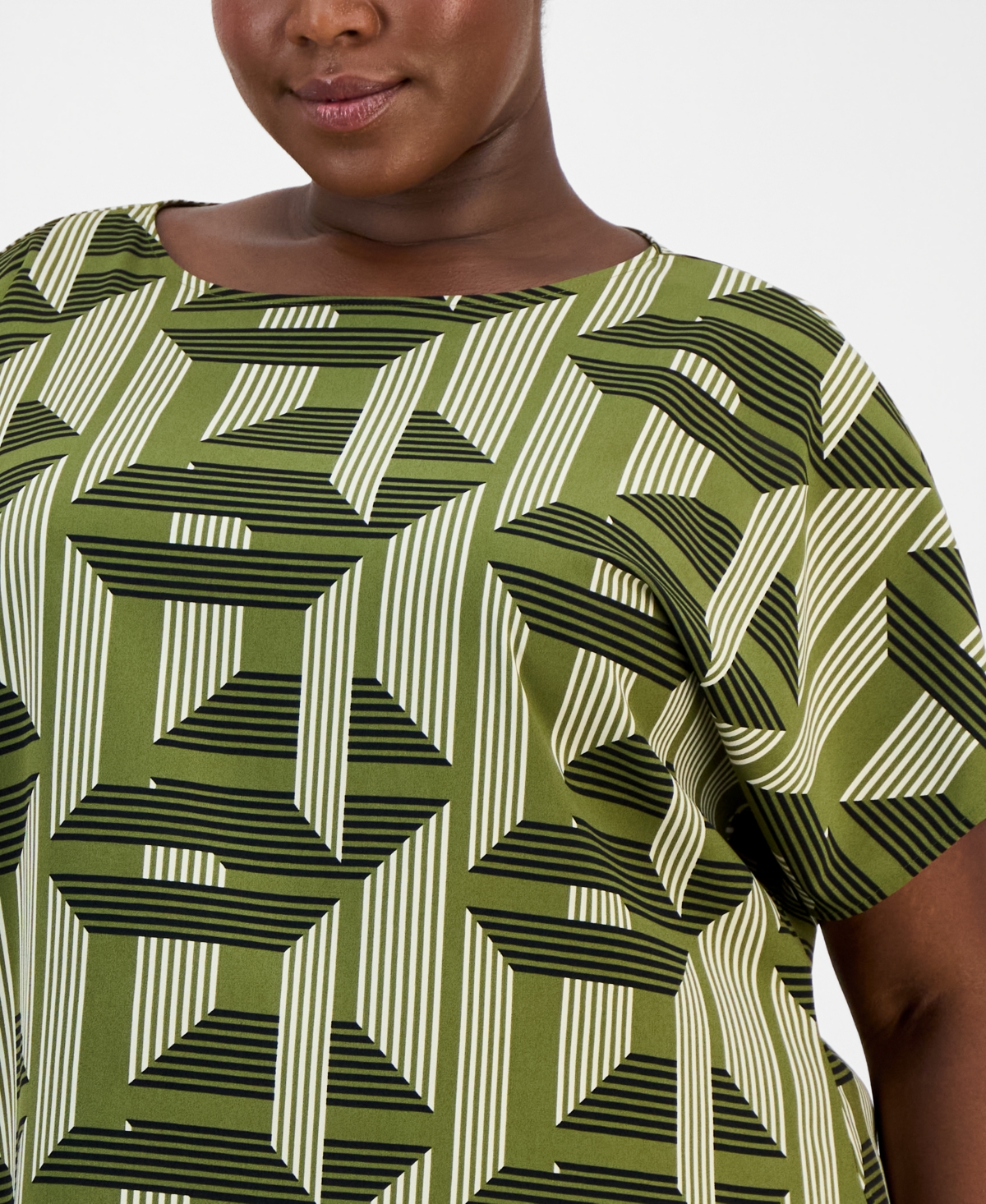 Anne Klein Plus Printed Boat-Neck Short-Sleeve Top