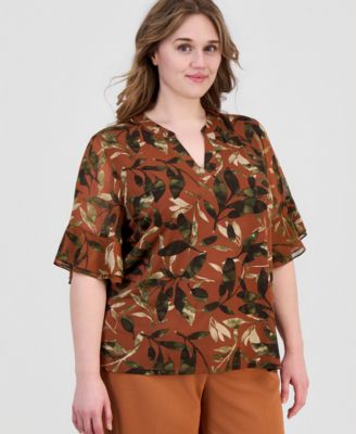 Plus Size Split-Neck Ruffled-Cuff Top