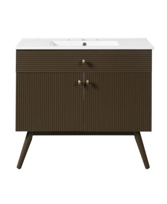 36 Inch Modern Freestanding Bathroom Vanity with Soft Close Doors, Striped Cabinet and Ceramic Sink for Luxury Storage