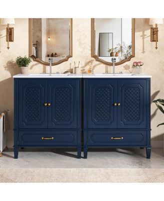 60 Inch Double Sink Bathroom Vanity, Freestanding Vintage Cabinet, Acacia Wood and MDF, Soft Close Doors, Ceramic Top, Ample Storage