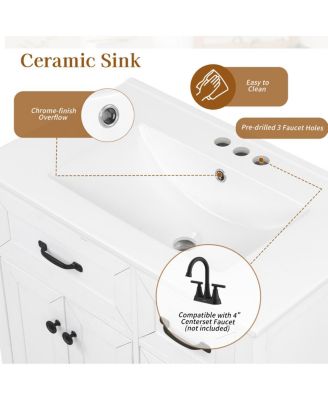 30 Inch Bathroom Vanity with Sink, Modern Freestanding Cabinet, Solid Wood Legs, Ceramic Top and 3 Drawers Storage