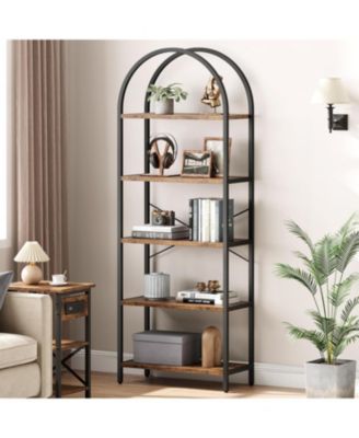 5-Tier Arched Bookshelf, Gold and White Marble Effect Tall Bookcase with Metal Frame