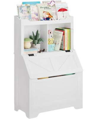 2-Tier Kids Toy Storage Organizer with Flip-Top Lid, Wooden Toy Chest Bookshelf for Playroom