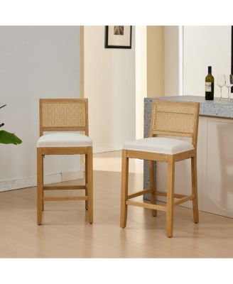 Seat Solid Wood Rattan Back Bar Stools, Linen Cushion, Set of 2