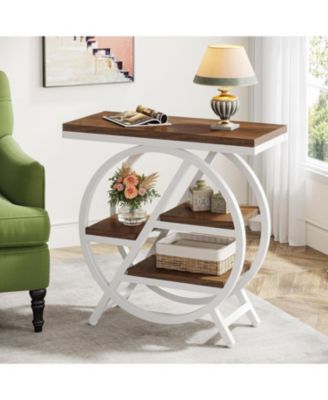 3-Tier End Table Set of 2, Narrow Sofa Side Table with Storage, Industrial Nightstand with Geometric Metal Frame