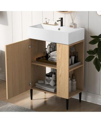 Freestanding Bathroom Vanity with Ceramic Sink, Side Storage Cabinet, Soft Close Door for Small Spaces