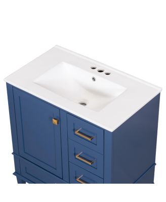 Sage Green Bathroom Vanity with Ceramic Sink, Freestanding Solid Wood MDF Cabinet, 3 Drawers Soft Close Door for Small Bathrooms