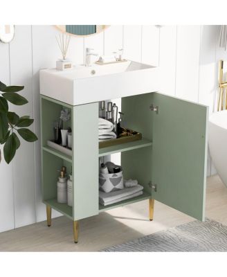 Freestanding Bathroom Vanity with Ceramic Sink, Side Storage Cabinet, Soft Close Door for Small Spaces