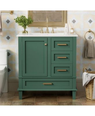 Sage Green Bathroom Vanity with Ceramic Sink, Freestanding Solid Wood MDF Cabinet, 3 Drawers Soft Close Door for Small Bathrooms