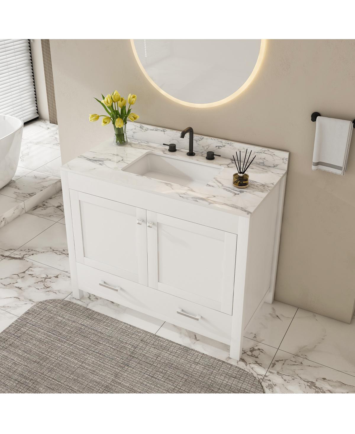 Sillysis Bathroom Vanity with Sintered Stone Carrara Top, Large Storage Drawer and Soft Close Doors