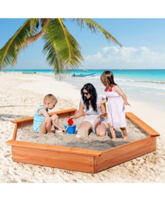 Kids Hexagon Wooden Sandbox with Cedar Seat Boards