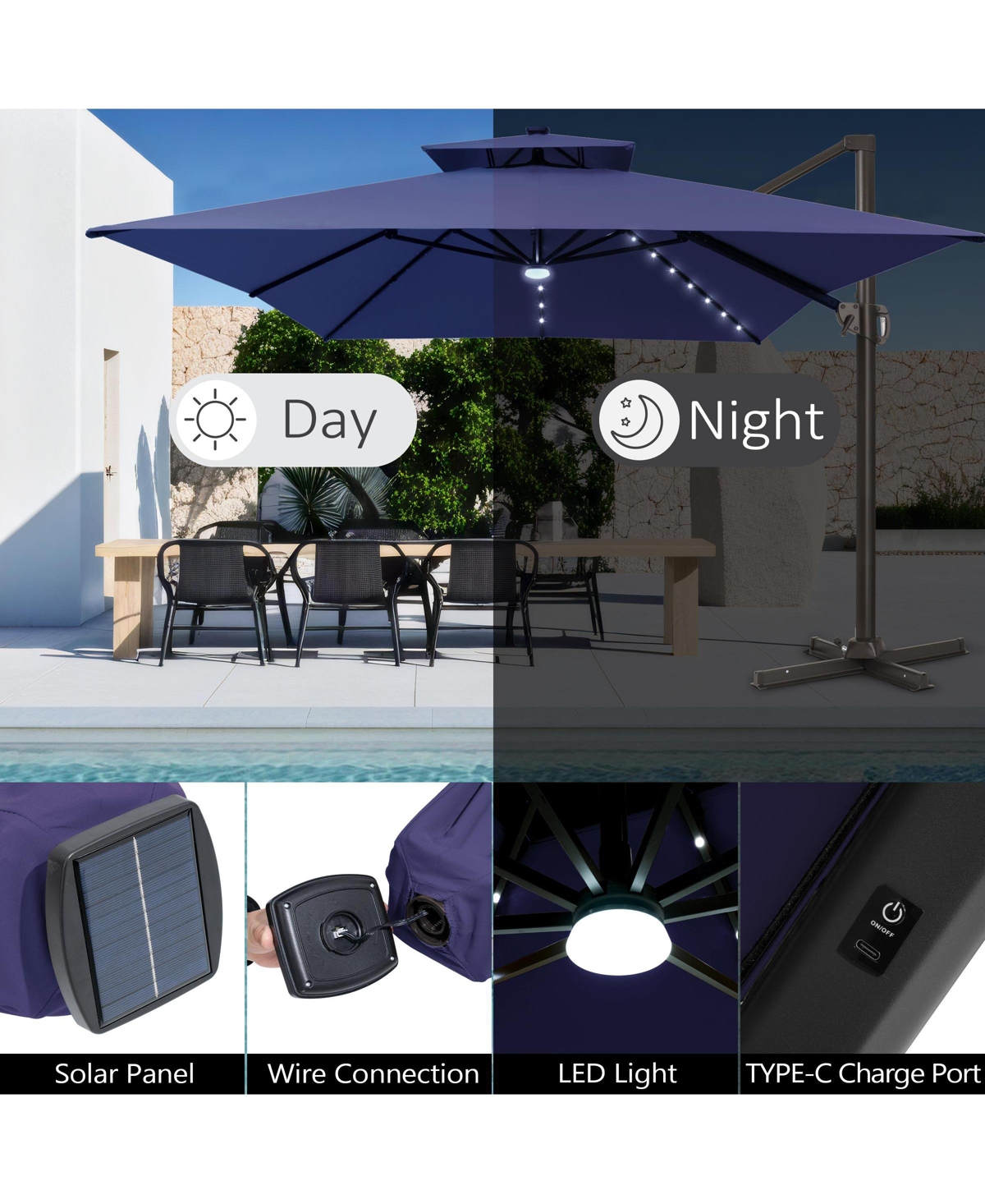 Pellebant Outdoor Patio 10X13FT Aluminum Double Canopy Led Solar Lights Cantilever Umbrella