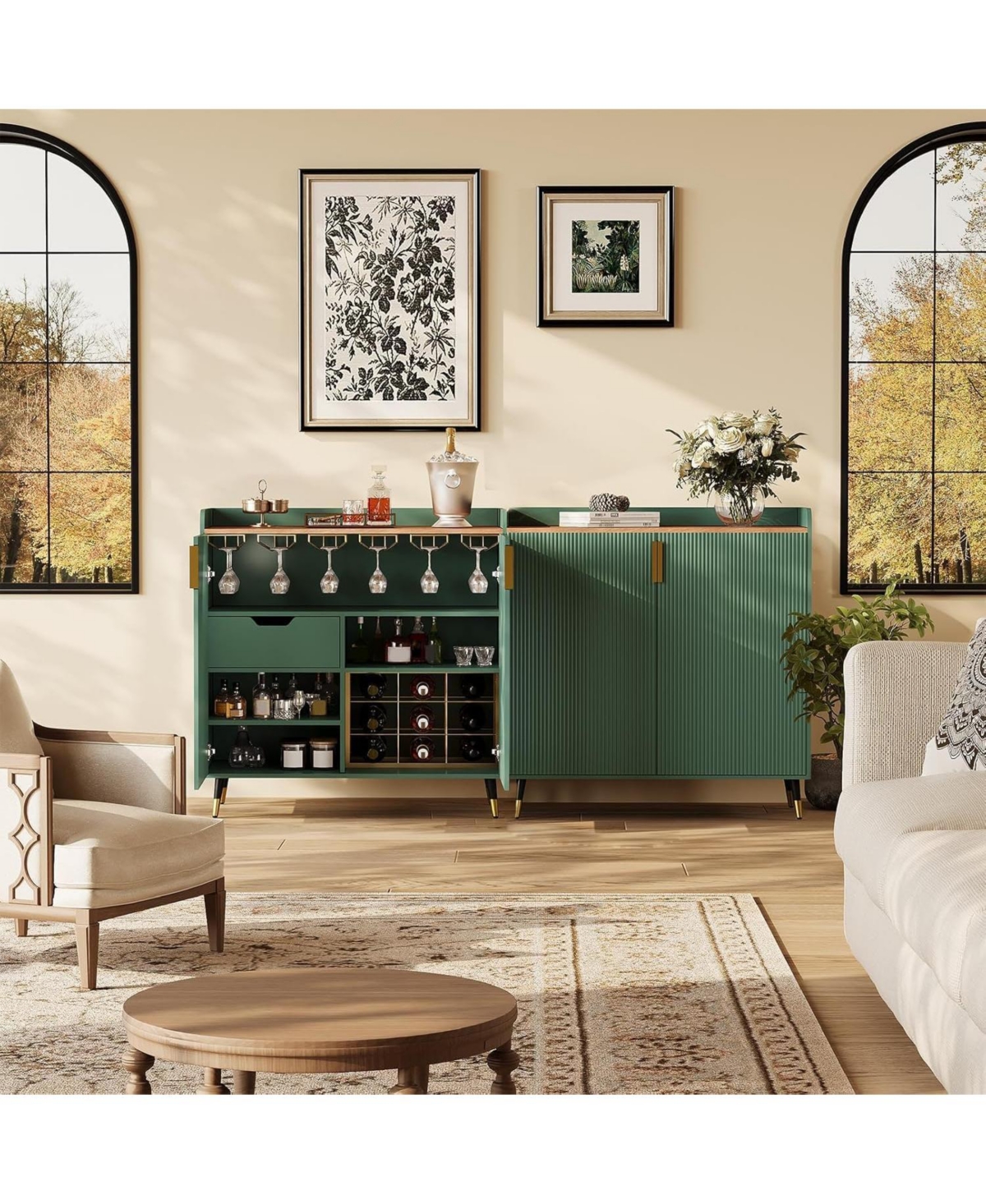 gaomon Towallmark Green Modern Fluted Bar Cabinet with Wine Rack and Glass Holders, Black Kitchen Sideboard Buffet Cabinet for Dining Room