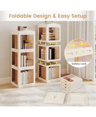 3-Tier Foldable Rotating Bookshelf with Swivel Base and Translucent Panels
