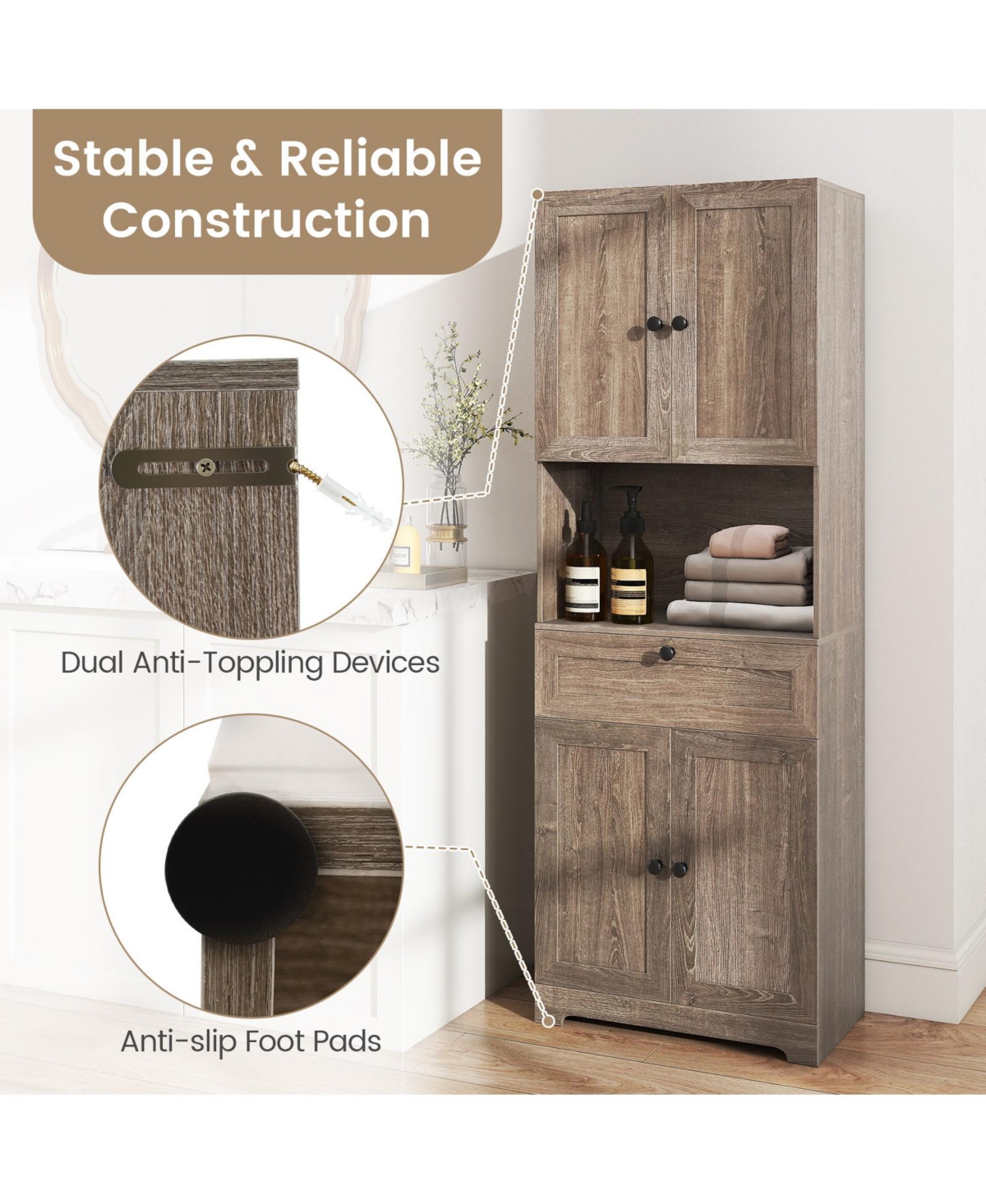 Sugift 67.5-Inch-Tall Modern Freestanding Floor Storage Cabinet with 4 Doors and 1 Drawer