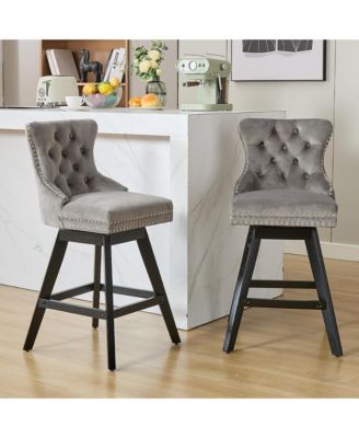 Velvet Bar Stools Set of 2 - Modern Swivel Counter Height Chairs with Button Tufted and Nailhead Trim for Home Pub, Kitchen Island