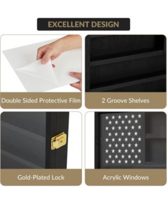 Challenge Coin Display Case,4-Row Wooden Challenge Coin Holder Display with Double-Groove Shelves,Lock&Acrylic Door for Military Medals, Casino