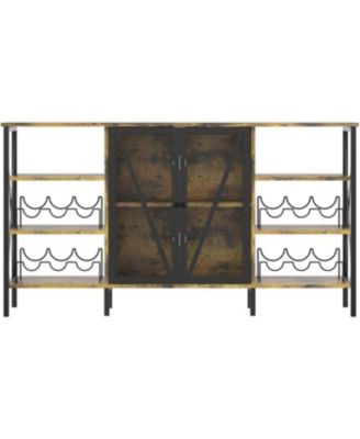 Farmhouse Wine Bar Cabinet with Wine Rack and Glass Holder, Industry Coffee Bar with Led Light, Metal Sideboard and Liquor Table Cabinet,Mesh