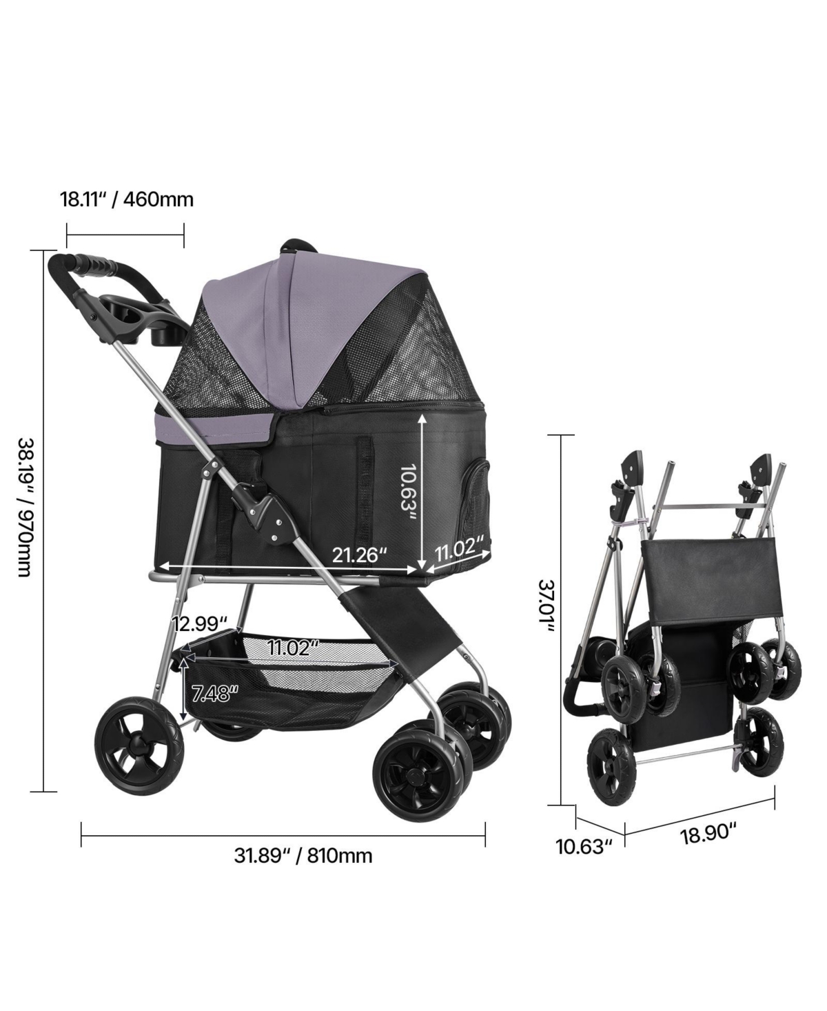 Zeus and Ruta Foldable 4 Wheels Cat Stroller with Detachable Carrier Up To 35lbs for Indoor Outdoor Use