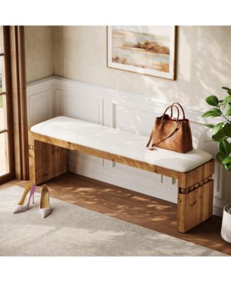 55.1" Wide Upholstered Bench, Solid Wood Bedroom Bench with Boucle Cushion, Modern Entryway Bench