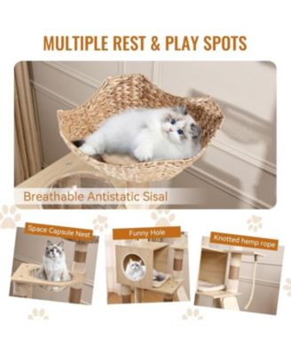 Cat Tree with Litter Box Enclosure, Hidden Washroom Litter Box Tree with Sisal Scratching Post and Soft Plush Perch, Wooden Cat Furniture