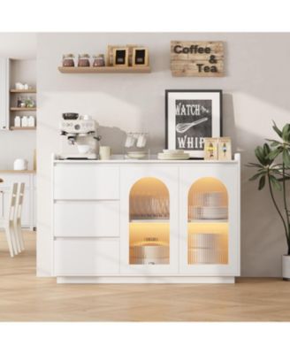 48" modern coffee bar buffet cabinet with 3 drawers, glass doors, and 3 color LED lights-stylish storage for any kitchen or dining space.