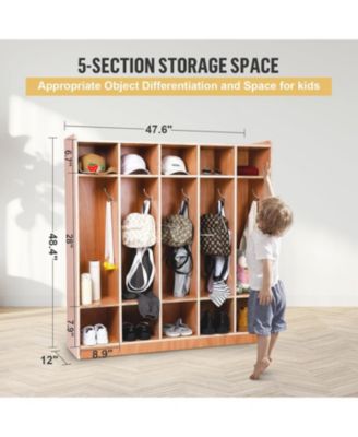 5-Section Glazed Coat Locker Storage Cabinet, 5 Large Cubbies with Hooks And 10 Small Cubbies, Classroom Coat Locker with 4 Hidden