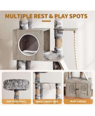 Cat Tree, 66.9-Inch Cat Tower with Litter Box Enclosure, with Hammock, Washable