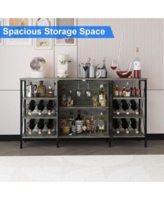 Farmhouse Wine Bar Cabinet with Wine Rack and Glass Holder, Industry Coffee Bar with Led Light, Metal Sideboard and Liquor Table Cabinet,Mesh
