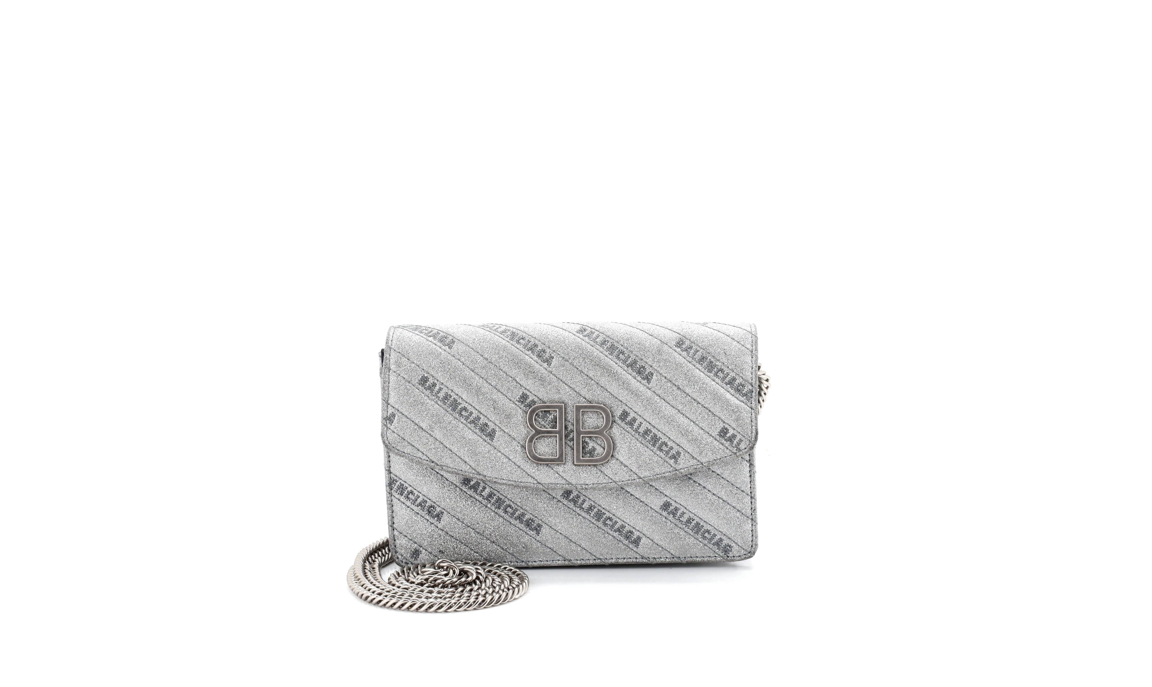 Pre-Owned Balenciaga Bb Chain Wallet Quilted Embroidered Glitter