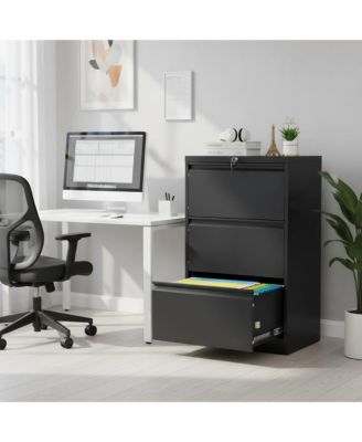 3 Drawer Lateral File Cabinet, Heavy Duty Metal Filing Cabinet with Locks for Home Office, Black File Cabinets with Business Card Holder