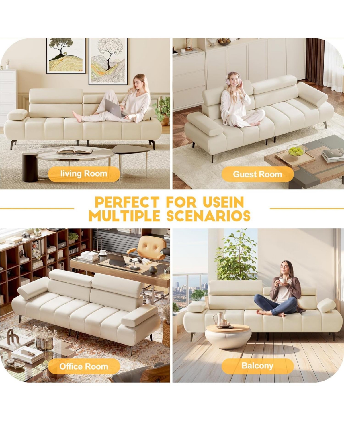 gaomon 3-Seater Sofa Bed, Faux Leather Futon Sleeper Couches, Adjustable Backrests and Armrest Headrests with Split Two Separate Sectional Sofas