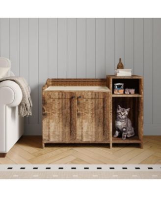 Wooden Cat Litter Box Enclosure with Storage Shelf & Barn Door, Hidden Indoor Cat House End Table